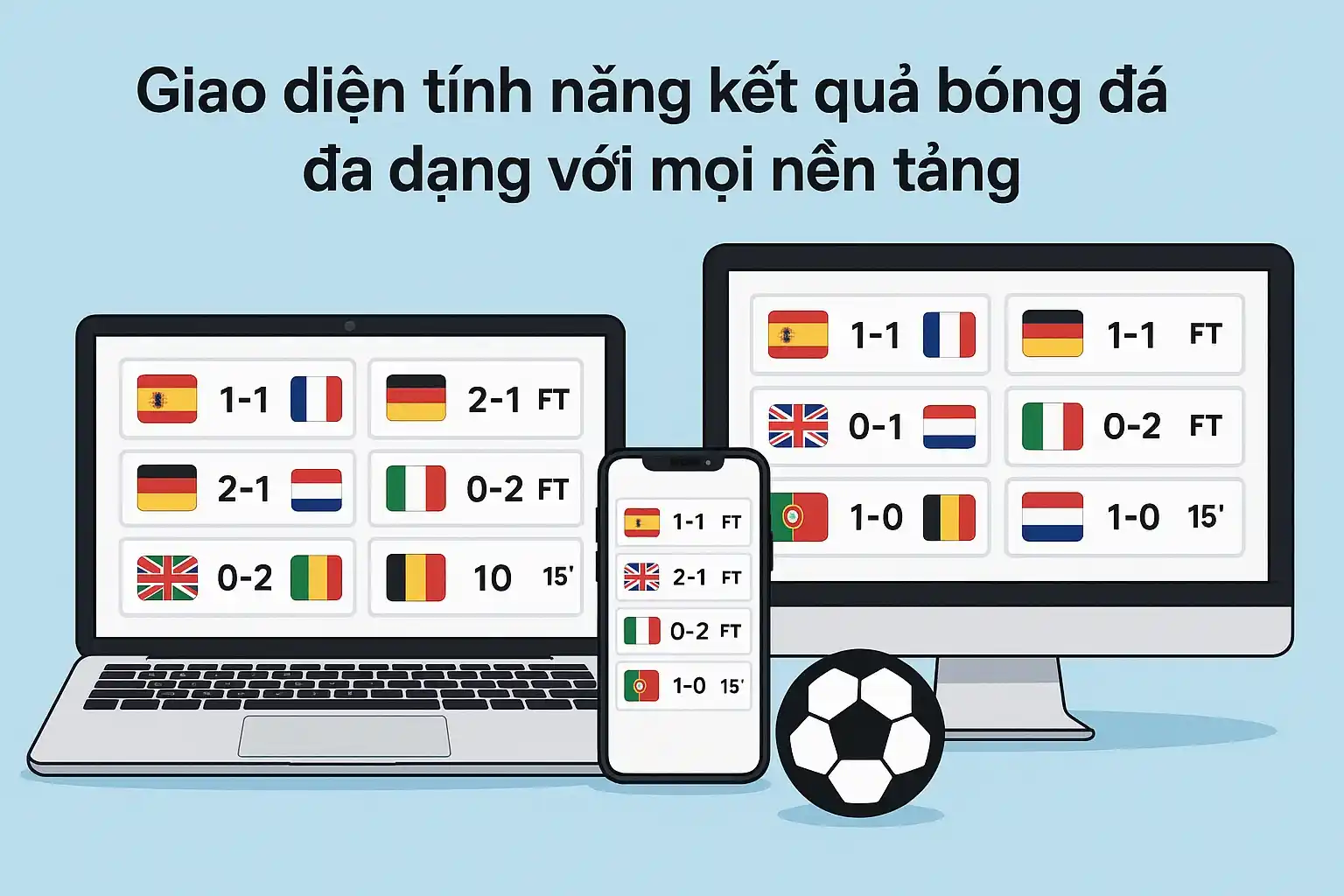 Giao diện tính năng kết quả bóng đá đa dạng với mọi nền tảng